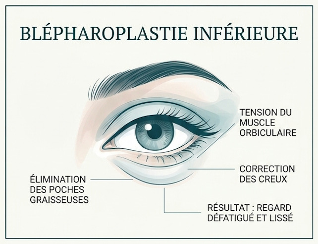 Schéma de la blépharoplastie inférieure : élimination des poches graisseuses, tension du muscle orbiculaire et correction des creux