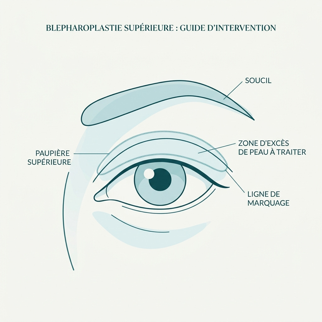 Schéma de la blépharoplastie supérieure : sourcil, paupière supérieure, zone d'excès de peau à traiter et ligne de marquage