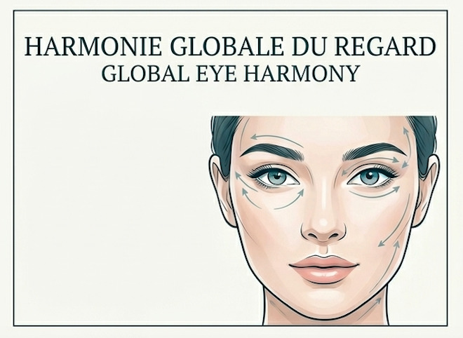 Schéma de l'harmonie globale du regard : axes de traction et zones traitées sur le visage